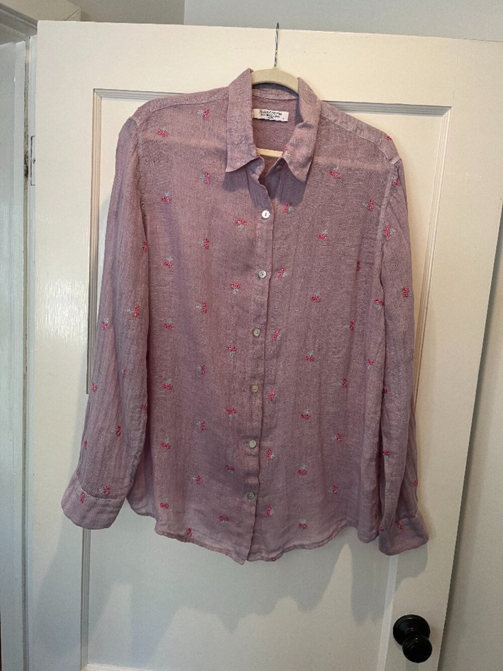 Lavendar Harris Cotton Shirt Large 100% Linen Button Down Embroidered Floral